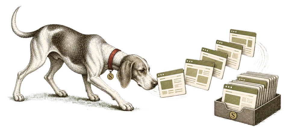 Argus the Stravue hound gathering competitor pages into a capture tray
