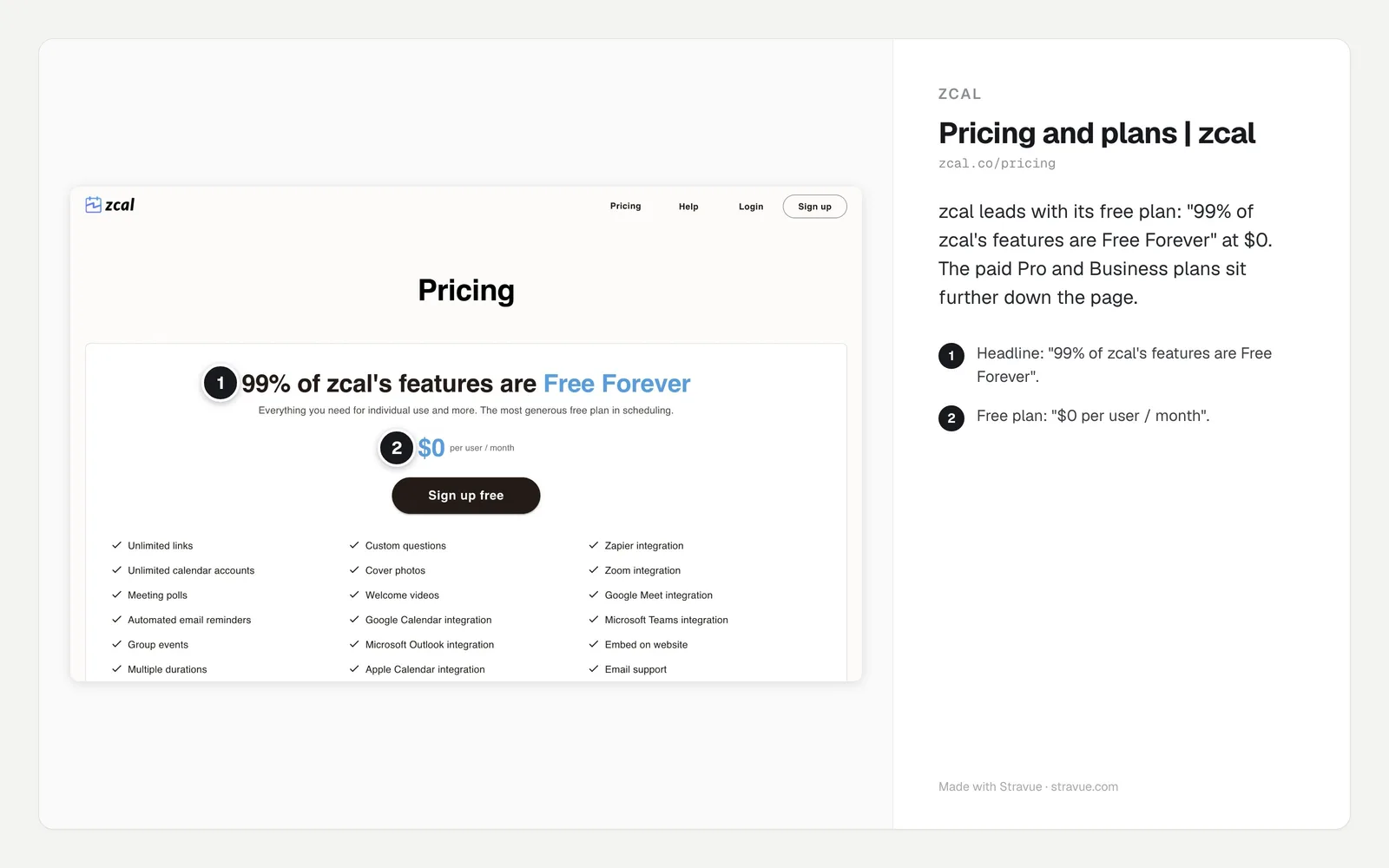 zcal's pricing page as captured on 3 October 2026, with numbered Comments on the plans and prices