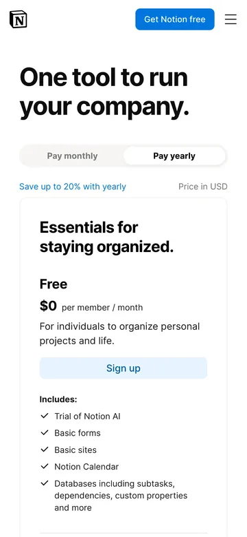 Notion Pricing Plans: Free, Plus, Business, & Enterprise., captured on a phone
