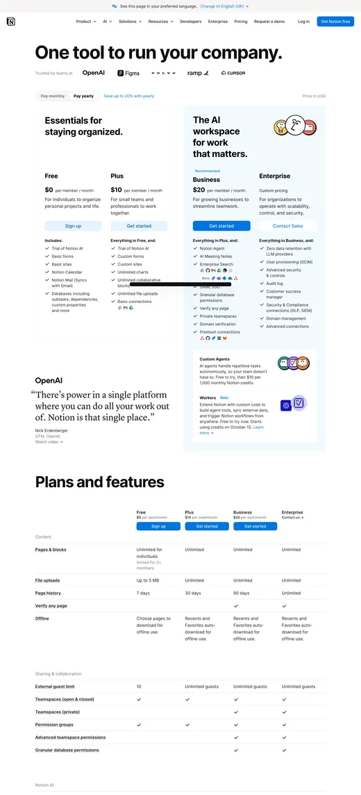 Notion Pricing Plans: Free, Plus, Business, & Enterprise., captured full length on desktop